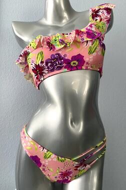 Victoria's Secret New Pink Floral One Shoulder Top V Strappy Bikini Bottom Set